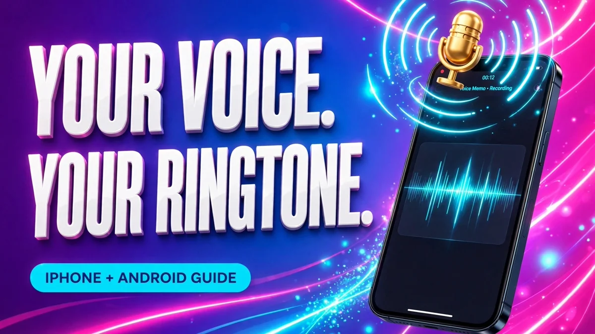 Cover: 3D headline YOUR VOICE. YOUR RINGTONE. next to a phone showing a voice memo recording with a golden microphone and glowing neon sound waves