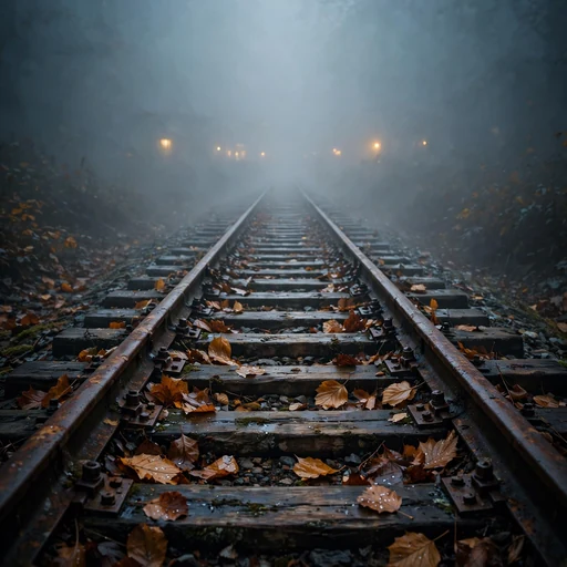 Abandoned rusty railway tracks disappearing into grey fog with autumn leaves, sad WhatsApp DP