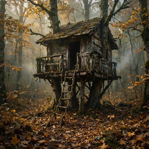 Abandoned wooden treehouse in autumn woods with fog, melancholic profile picture