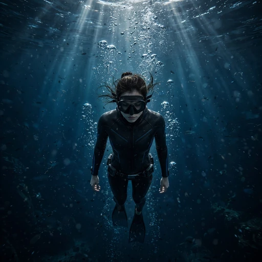 Freediver descending into deep blue water with light shafts, attitude WhatsApp DP