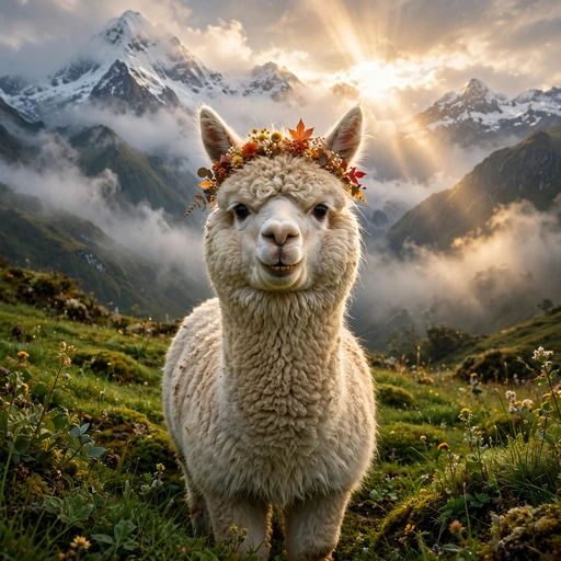 Smiling alpaca with flower crown in a misty Andean meadow at sunrise, animal WhatsApp DP