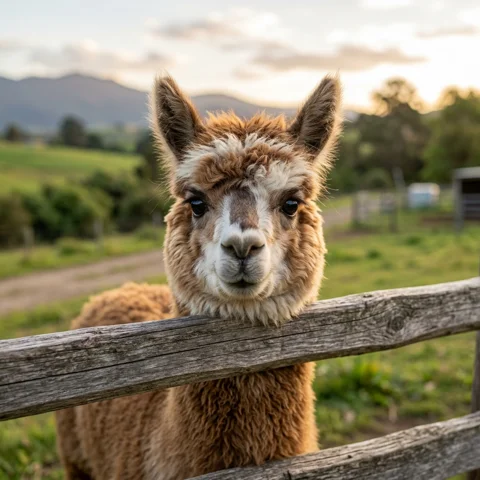A fluffy young alpaca looks over a rustic wooden fence