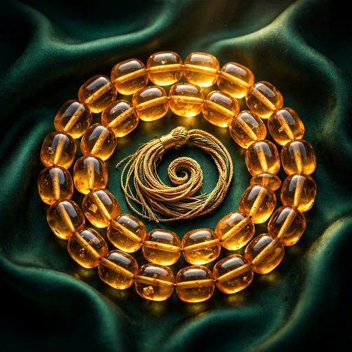 Amber tasbih prayer beads coiled on emerald green silk with golden glow, Islamic DP