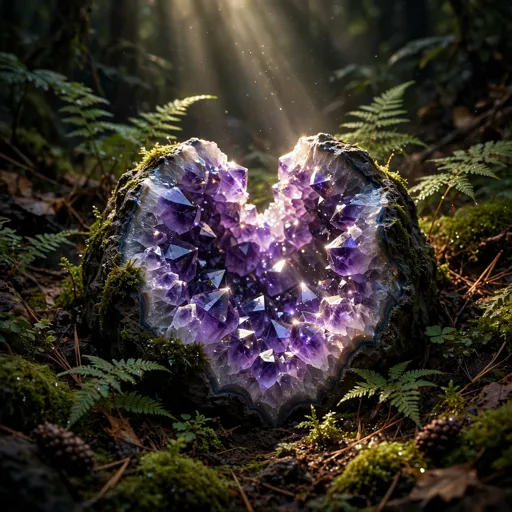 Glowing amethyst geode on a mossy forest floor with violet crystals, WhatsApp DP