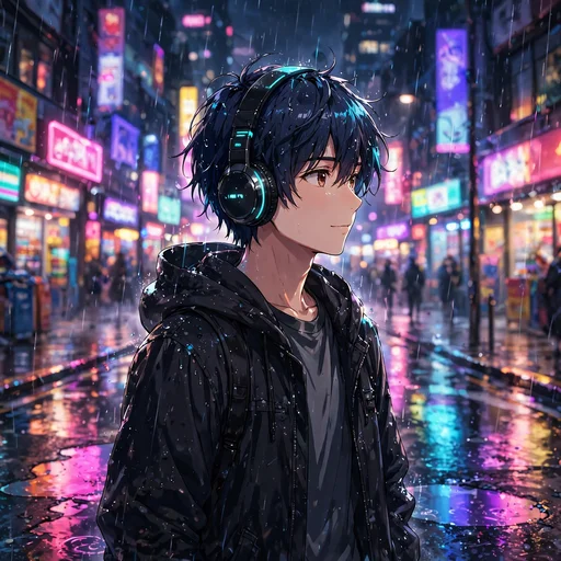 Anime boy with headphones walking through a rainy neon-lit city street