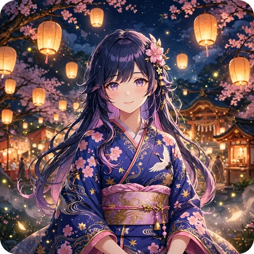 Anime girl in a beautiful kimono at a glowing paper lantern festival at night