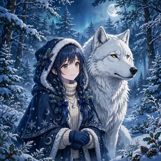 Anime girl with a majestic white wolf standing together in a snowy moonlit forest