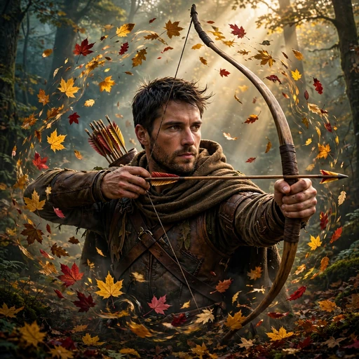 a fictional adult man archer drawing a wooden bow in a misty autumn forest, golden and crimson leaves swirling around him. boys dp