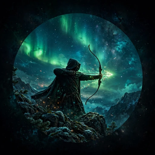 Hooded archer drawing a glowing bow under the green northern lights, motivational DP