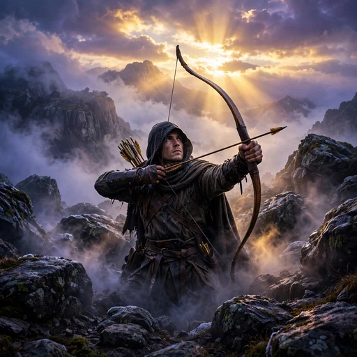 Hooded archer drawing a longbow on a misty summit at first light, motivational DP
