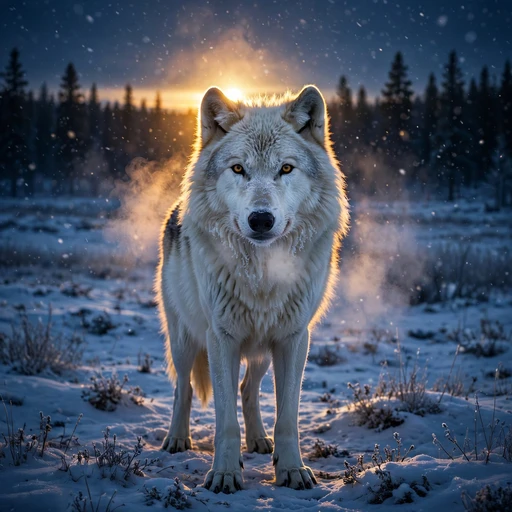Arctic wolf standing in falling snow at twilight