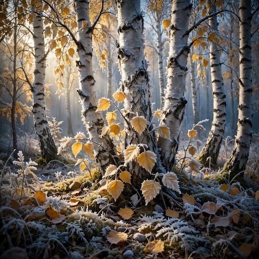 Birch forest with first frost on golden autumn leaves in morning light, nature DP