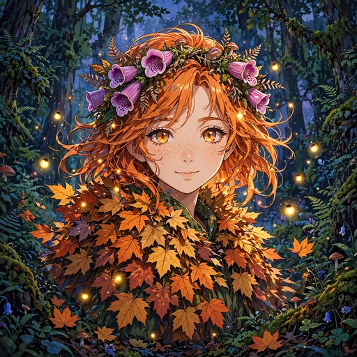 anime forest spirit girl with foxglove flower crown dp