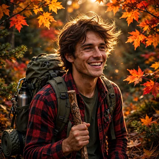 happy hiker with backpack in autumn maple forest