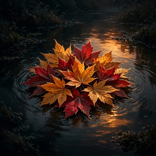 autumn maple leaves floating on dark mirror pond DP
