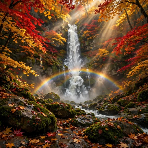 autumn waterfall with rainbow mist nature dp