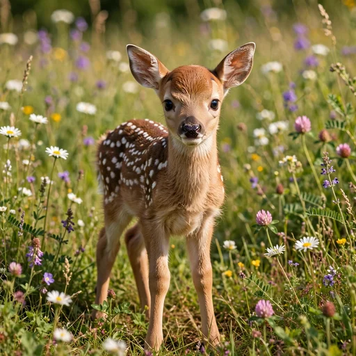 Baby deer fawn with white spots standing in a sunny wildflower meadow