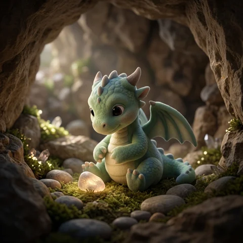 A friendly soft 3D baby dragon studies a softly glowing pebble inside a cozy cave
