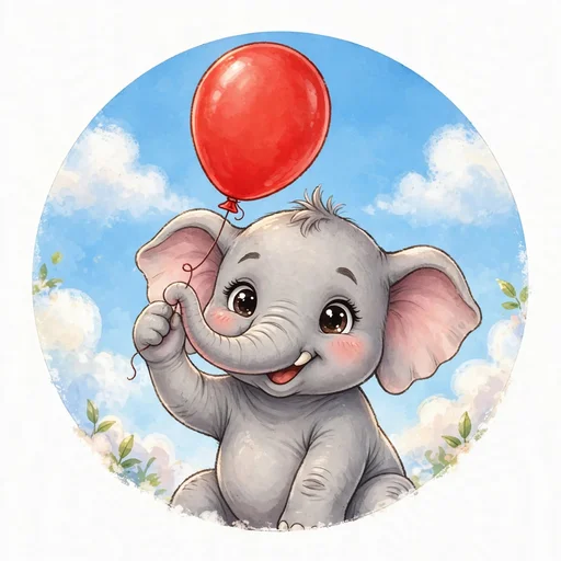 Baby elephant holding a bright red balloon with its little trunk