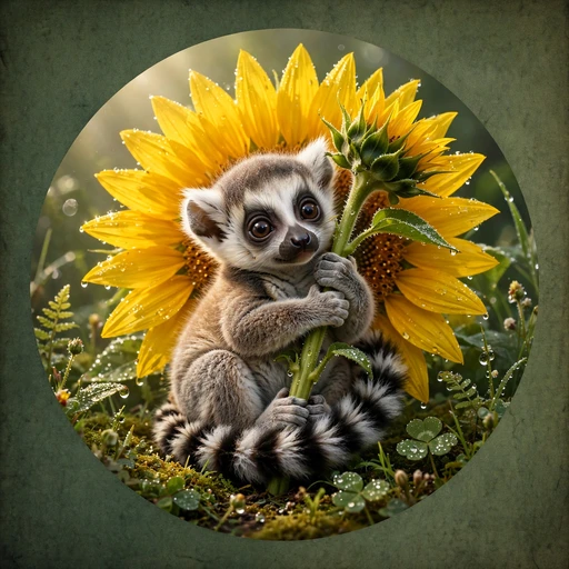ring-tailed lemur baby with huge curious eyes hugging a tall sunflower stem in a dewy morning garden. cute dp