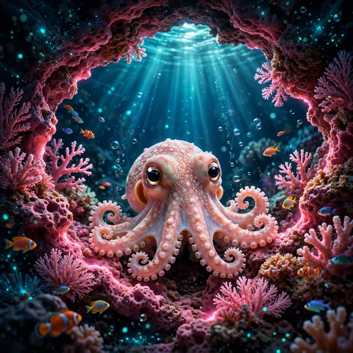 Cute baby octopus with big eyes in a glowing coral reef cave, animal WhatsApp DP