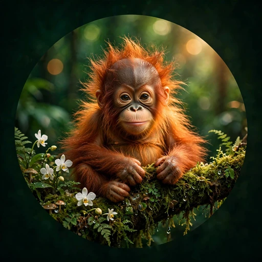 baby orangutan with fluffy orange-red fur sitting on a moss-covered rainforest branch beside tiny white orchids. cute dp