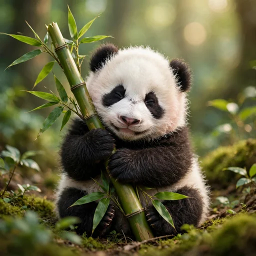 Baby panda hugging a green bamboo stalk with its eyes closed in contentment