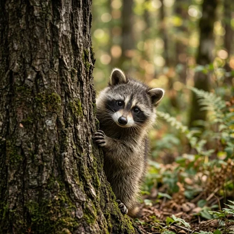 A young raccoon peeks around a tree trunk in soft forest light