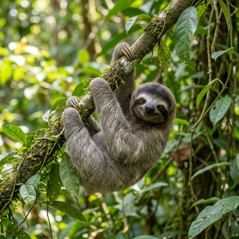 A young sloth hangs comfortably from a leafy branch with a relaxed expression