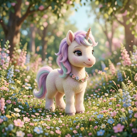 An original soft 3D baby unicorn stands in a clearing of tiny pastel flowers