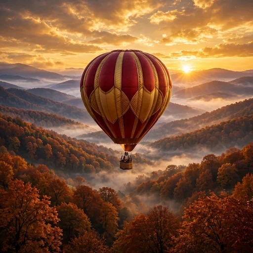 hot air balloon rising over autumn mountain valley at golden sunrise, motivational wallpaper