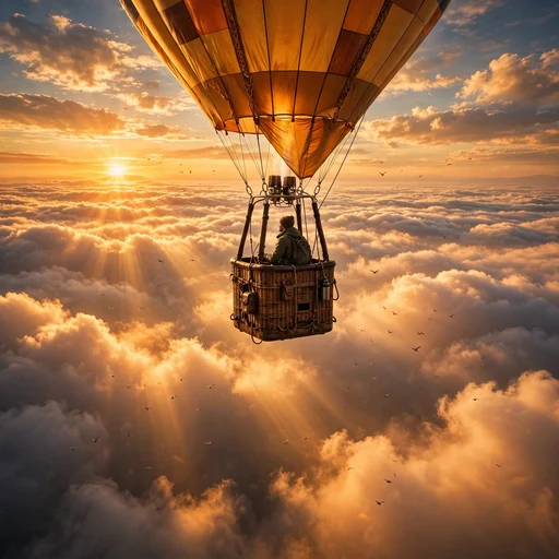 Hot air balloonist rising above a glowing sea of clouds at sunrise, motivational DP