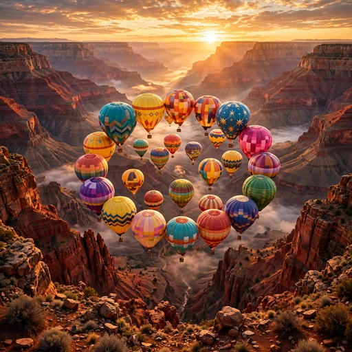 Colorful hot air balloons rising over a red canyon at dawn, motivational DP