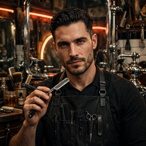 fictional adult man barber with straight razor in vintage neon barbershop attitude dp