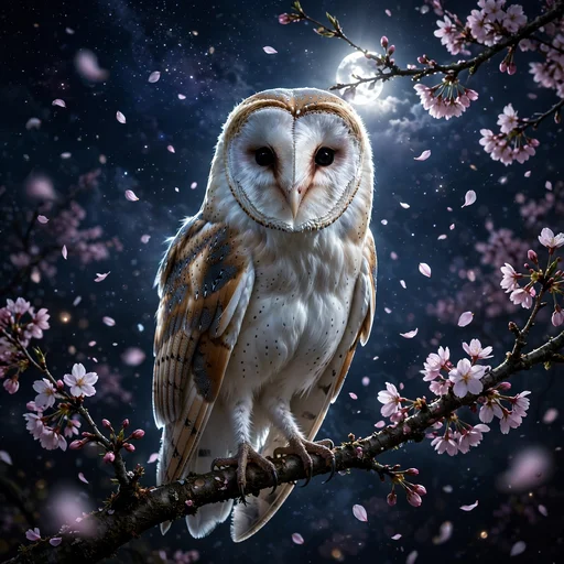 Barn owl perched on moonlit cherry blossom branch under a full moon, nature profile picture