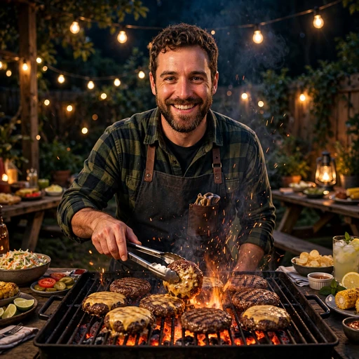 bbq chef grilling burgers at night boys dp