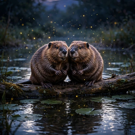 Two beavers sitting together on a fallen log over a pond at dusk