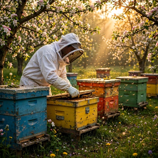 Beekeeper Among Golden Orchard Hives