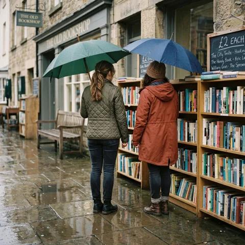 Two friends browse an outdoor bookshop beneath umbrellas on a rainy street