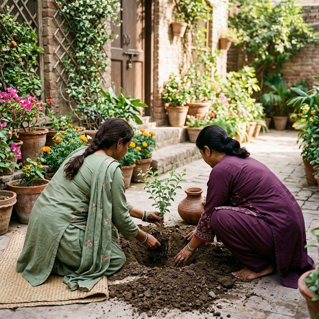 Two women in modest Pakistani outfits plant a jasmine sapling together in a sunlit courtyard