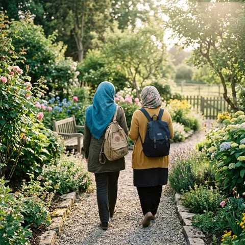 Two friends wearing headscarves and backpacks walk along a garden path