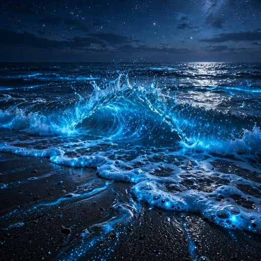 Bioluminescent wave glowing on night beach, nature profile picture