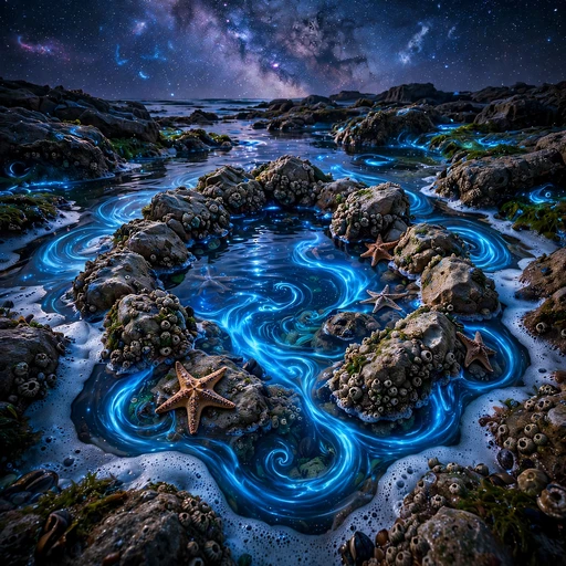 bioluminescent tidepool with starfish at night nature dp