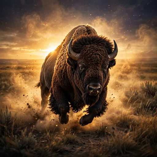 Bison charging through glowing golden dust at sunrise, square motivational profile picture