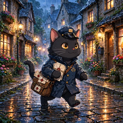 anime black cat postman delivering letters in a rainy village anime dp