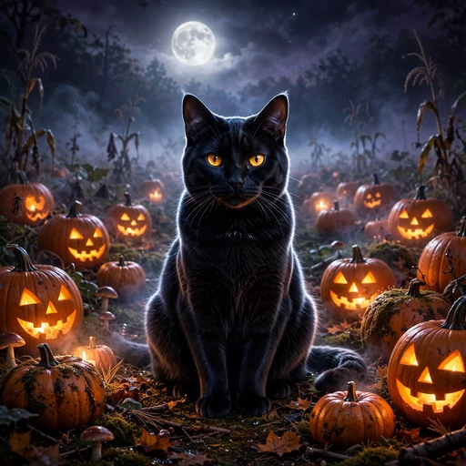 Black cat among glowing pumpkins on a moonlit night