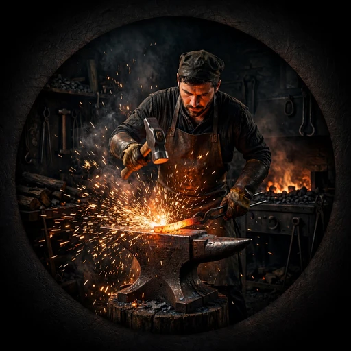Blacksmith hammering glowing steel with flying sparks, motivational DP