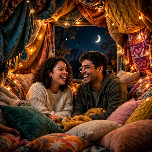 Two friends laughing inside a cozy blanket fort with fairy lights at night, friendship DP