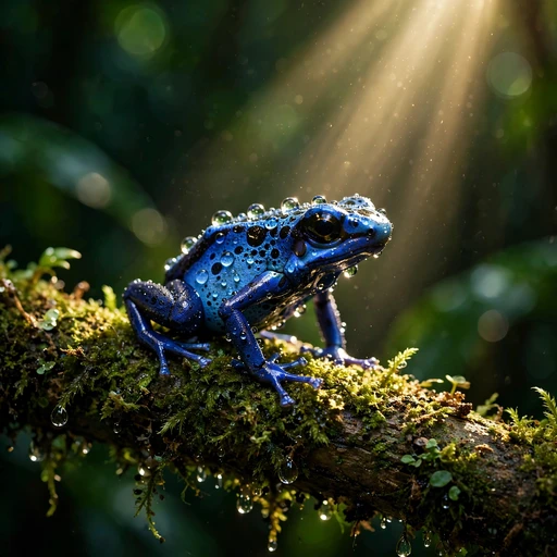 Blue poison dart frog with dew drops on moss
