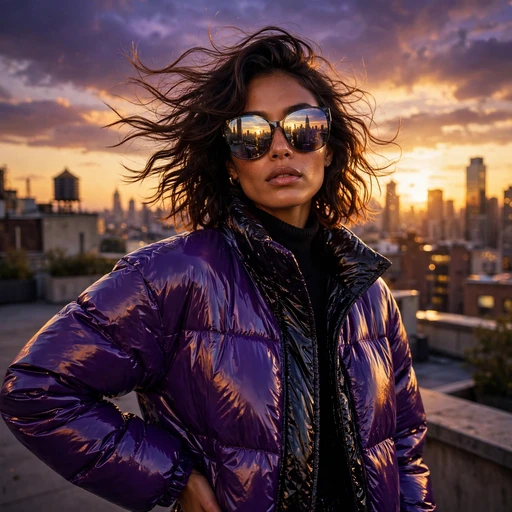 bold fashionista on city rooftop at sunset